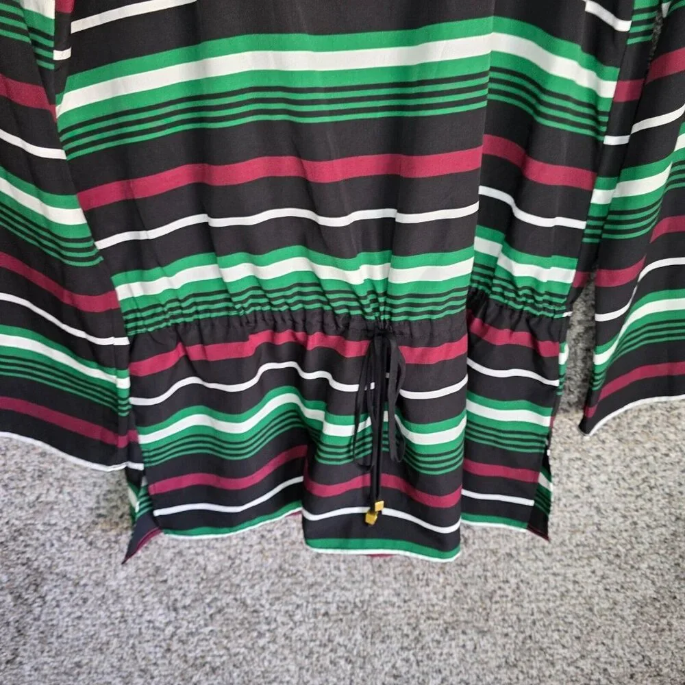 Michael‎ Kors Top Womens Large Black Green Striped V Neck Blouse Semi Sheer